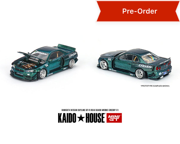 (Preorder) Kaido House x Mini GT 1:64 Nissan Skyline GT-R (R34) Kaido Works GReddy V1 – Green – Limited Edition
