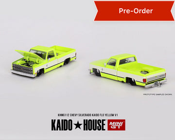 (Preorder) Kaido House x Mini GT 1:64 Chevrolet Silverado KAIDO Flo V1 – Yellow Chrome