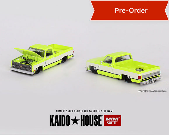 (Preorder) Kaido House x Mini GT 1:64 Chevrolet Silverado KAIDO Flo V1 – Yellow Chrome