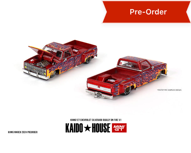 (Preorder) Kaido House x Mini GT 1:64 Chevrolet Silverado Dually on Fire V1 – Red with Flames