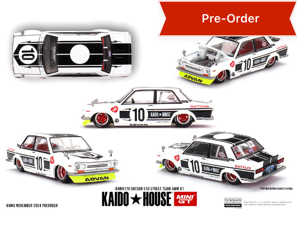 (Preorder) Kaido House x Mini GT 1:64 Datsun 510 Street Team XMM V1- White