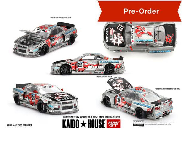 (Preorder) Kaido House x Mini GT 1:64 Nissan Skyline GT-R (R34) Kaido Star Racing V1- Silver
