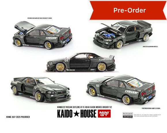 (Preorder) Kaido House x Mini GT 1:64 Nissan Skyline GT-R (R34) Kaido Works GReddy V2 – Black w/ Carbon