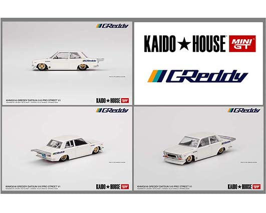 Kaido House X Mini GT 1:64 Datsun 510 Pro Street GREDDY Pearl White