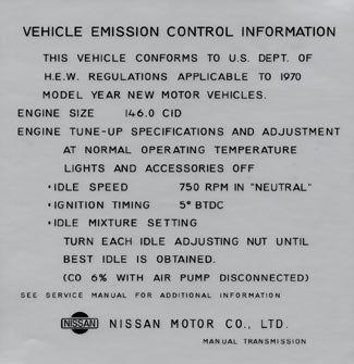Vehicle Emission Control Information Decal 1970 (240Z)