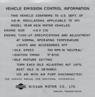 Vehicle Emission Control Information Decal 1971 (240Z)