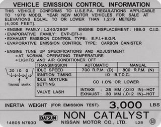 Vehicle Emission Control Information Decal 1978 (280Z)